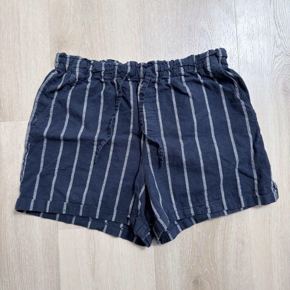 Linen Cotton Nautical Striped Shorts Navy Blue White XL Uniqlo Coastal High Rise